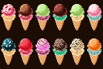Ice cream cone pixel art set. Vector illustration.