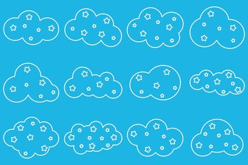 Clouds and stars line icon set. Vector illustration.