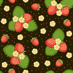 Seamless pattern with colorful strawberries, blossom and leaves. Vector illustration.