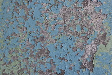 Blue peeling paint on the wall. Old concrete wall with cracked flaking paint. Weathered rough painted surface with patterns of cracks and peeling. High resolution texture for background and design.