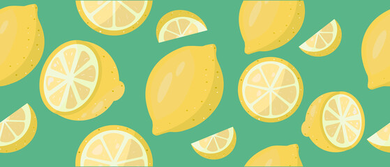 Lemon citrus seamless pattern in green and yellow. Tropical background. Vector bright print for fabric or wallpaper.