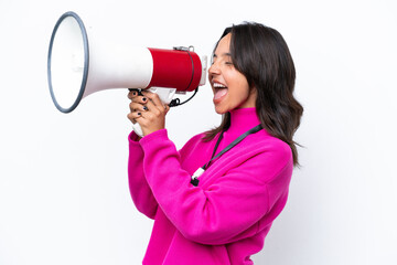 Young hispanic woman with ID card isolated on white background shouting through a megaphone