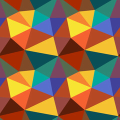 Obraz premium Low polygonal seamless pattern. Abstract geometric backdrop of turquoise, blue, yellow and orange triangles. Bright colorful background