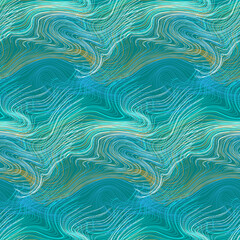 Liquid seamless pattern. Water stream with waves and swirls, of teal, turquoise, gold, blue, and white colors. Abstract psychedelic background texture