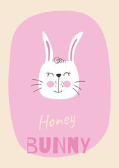 Obraz premium Hare nursery vector poster. Printable kids design with bunny for poster, card, postcard. Cute flat cartoon illustration. 