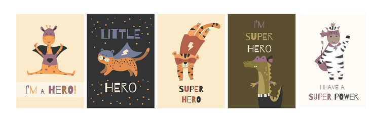 Set of nursery posters with animals heros. Little animals super heroes. Printable kids design for poster, card, postcard.  © DigARTbyHavroshka