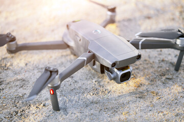 The quadcopter is on the ground before launch