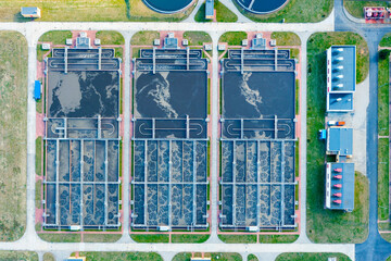 Aerial view of the water treatment plant. huge sewage treatment plant