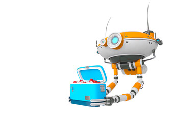 floating robot is holding a cooler box in white background side view with copy space