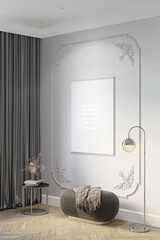 Elegant interior with a backlit vertical poster on a light gray wall with moldings, a metal floor lamp next to plaid on an ottoman, flowers in a vase on a coffee table near the gray curtains.3d render