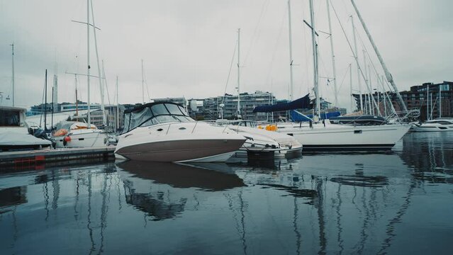 Oslo, Norway. Moored Boats And Yachts At Aker Brygge District.