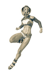 muscular woman in a cyberpunk suit in comic action pose