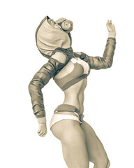 muscular woman in a cyberpunk suit is dancing