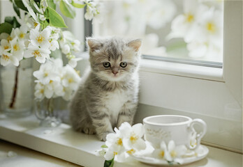 small kitten sits on a windowsill with a bouquet of jasmine
