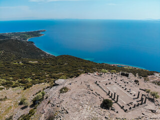 Assos, Athena temple. Aerial view of the ruins  in the ancient city of Assos. Behramkale, Canakkale, Turkey - obrazy, fototapety, plakaty