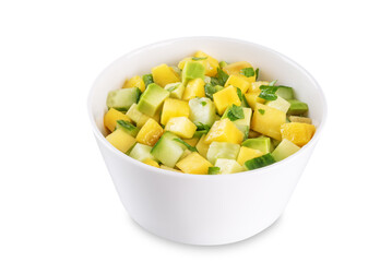 Mango avocado cucumber salad in a bowl on a white isolated background