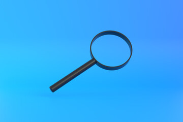 Magnifying glass flies soars over blue background. Search, find and discover concept. Minimalism. 3d rendering 3d illustration