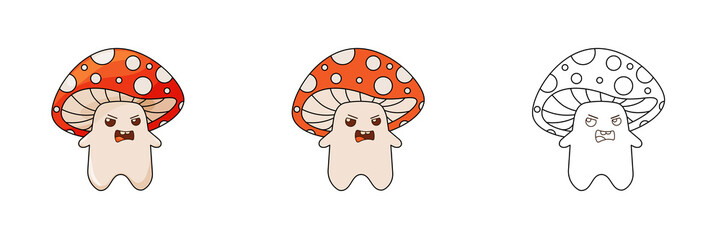 A set of cute fly agarics, characters. Funny mushrooms with a charming face. Children's flat vector illustration on a white background