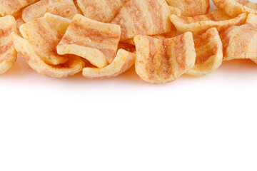 Chips salty bacon snack close up, on white background. Top view.