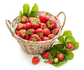 Ripe strawberries in a basket on a white background