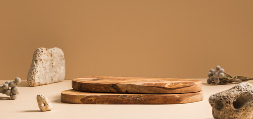 Background for products cosmetics, food or jewellery. Rustic wood pieces podium. Front view.	