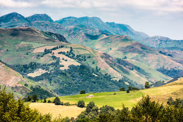 Panoramic view of mountain peaks and ranges in the French Pyrenees.