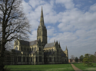 Beautiful view of the Cathedral of Salisbury. 13-14 century. England. United Kingdom.