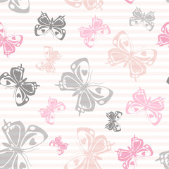 Flying butterfly silhouettes over striped background vector seamless pattern.