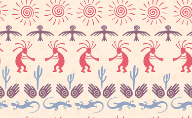 Fototapeta premium Kokopelli with flute, pangolin, hawk, sun symbol, hands and plant tribal vector seamless pattern.