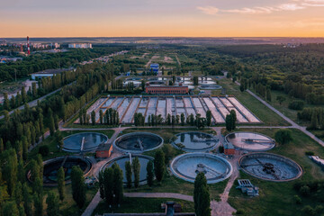 Modern sewage treatment plant, aerial view from drone