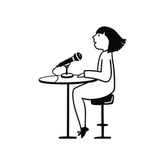 Podcast studio and media hosting, broadcasting doodle drawing. Female broadcaster at workplace flat character isolated on white background