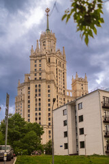 Elite Apartment house at Kotelnicheskaya Embankment in Moscow, Russia in the Stalinist skyscraper. View from the from the courtyard against the backdrop of a stormy sunset sky