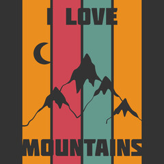 Vintage poster with mountains silhouette and moon. Vector illustration.