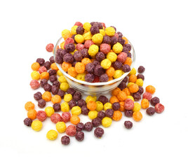 Delicious and nutritious fruit cereal loops flavorful, healthy and funny addition to kids breakfast in bowl on white background 