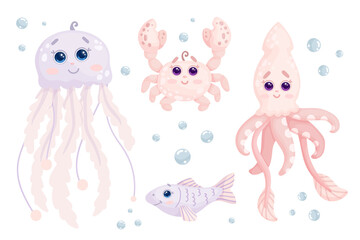 Set of cartoon sea animals. Squid, fish, jellyfish, crab. Vector graphics.