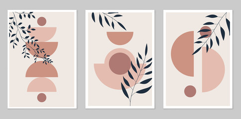 Poster with abstract geometric, natural shapes in the style of the mid-century. Boho style. Modern illustration: for minimalist printing, poster, wall decor. Composition of simple figures.