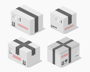 isometric cardboard box packages parcel detailed set vector flat illustration