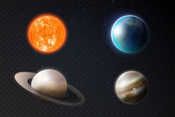 Solar system sun earth mars realistic vector photo on png transparent background