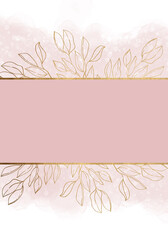 Pink background with golden frame and swirls. Abstract ornamental watercolor background