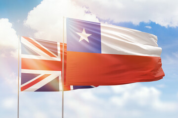 Sunny blue sky and flags of chile and united kingdom
