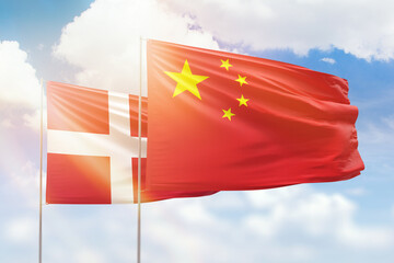 Sunny blue sky and flags of china and denmark - obrazy, fototapety, plakaty