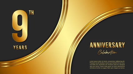 9th anniversary logo with gold color for booklets, leaflets, magazines, brochure posters, banners, web, invitations or greeting cards. Vector illustration.