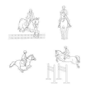Linear images for coloring book on the theme of equestrian sports