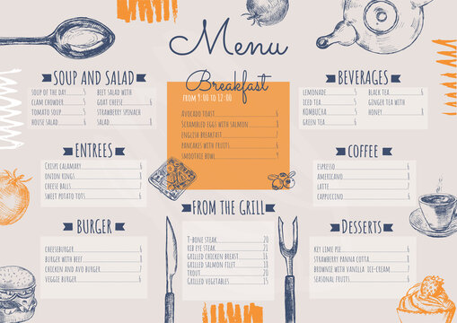 Menu template decorated with hand drawn food elements