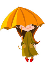 Vector girl in a green raincoat, red boots, holds an orange umbrella in her hand, with a tear on her face