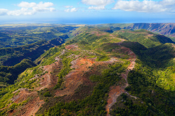 Aerial view of Waimea Canyon "the Grand Canyon of the Pacific" on the western side of Kauai island in Hawaii