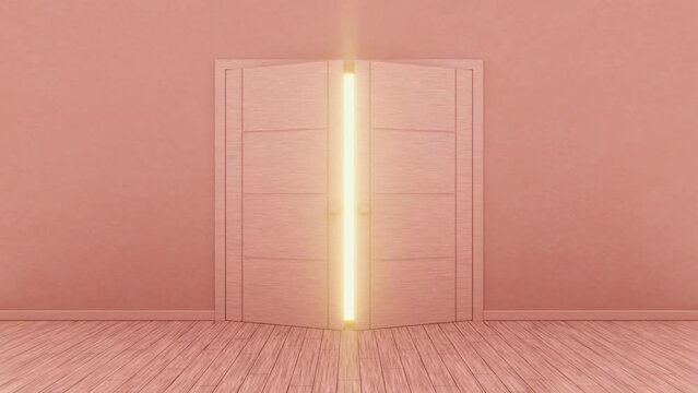 Realistic 3D animation of the doors in a cozy light red or orange room opening to the shining morning sun rendered in UHD