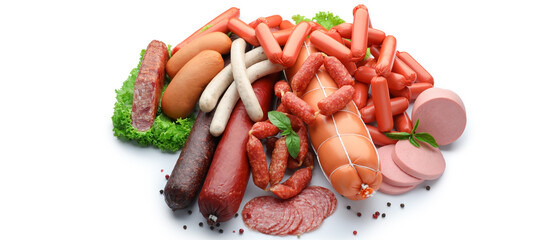 Different kinds of sausages on white background