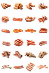 Set of many delicious sausages isolated on white