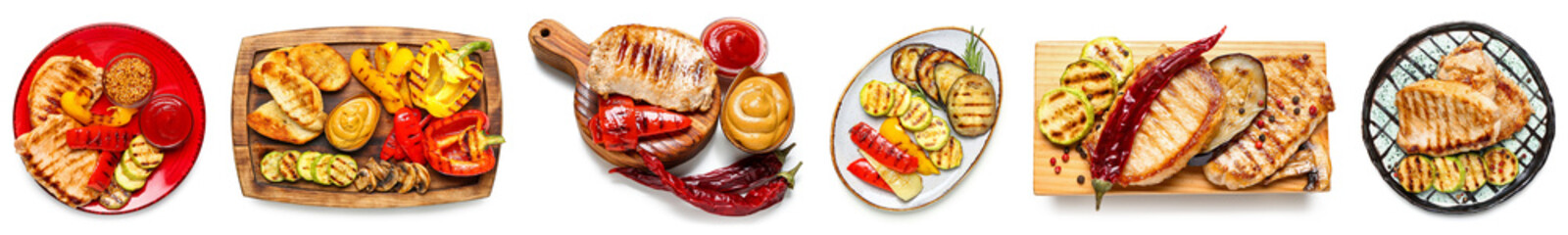 Set of tasty grilled chicken steaks and vegetables isolated on white, top view